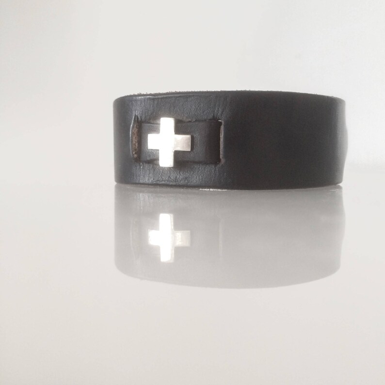 SAME PLUSY bracelet MAN leather bracelet with silver plus Leather bracelet with silver cross Cross bracelet rock style bracelet image 4