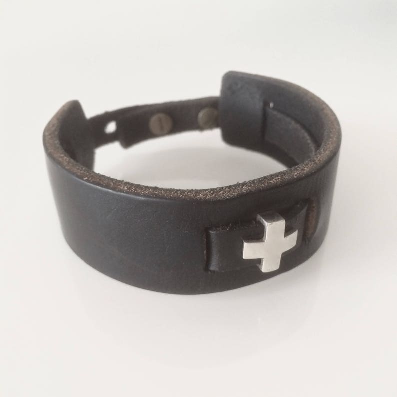 SAME PLUSY bracelet MAN leather bracelet with silver plus Leather bracelet with silver cross Cross bracelet rock style bracelet image 2