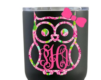 Owl with (or without) Bow Monogram Decal, Owl Lilly Decal, Bow Monogram, yeti Monogram decal , Laptop Decal, Car Decal,