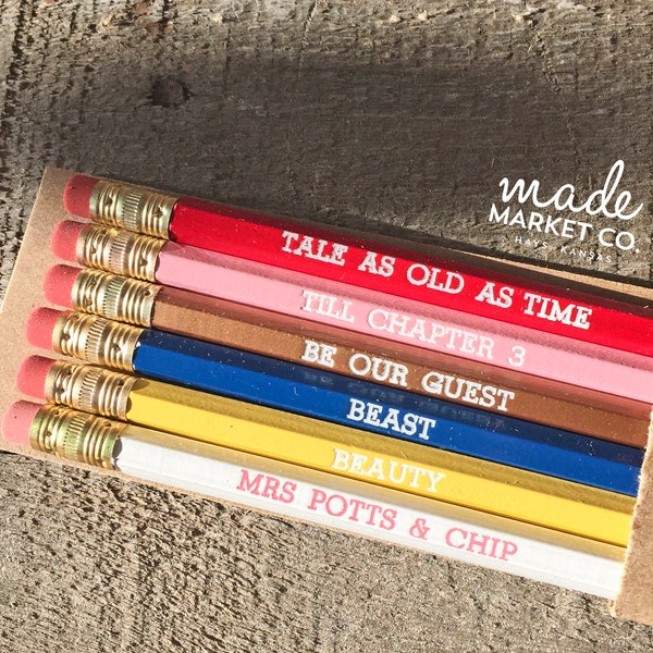 Beauty And The Beast Disney Pencil Set, Belle Chip Mrs Potts, Foiled Engraved Pencils, Fun Gift, Office Supplies, Kids Birthday Party Favors