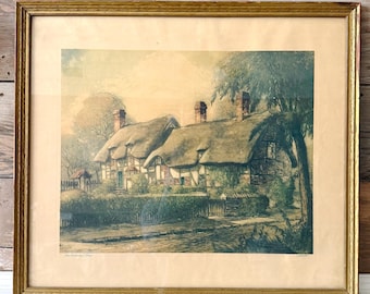 Vintage Shakespeare Anne Hathaway’s Cottage Framed Wall Art Print. Lithograph in Original Chippy Wood Painted Frame. Cottagecore