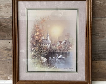 Vintage Church Lake Swan Andres Orpinas Framed Wall Art, Lithograph, Matted, Cottagecore Decor, Ducks on Pond, Collected Gathered Home