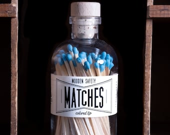 Aqua Blue Matches in Glass Jar, Vintage Apothecary Matches, Decorative Match Bottle with Striker, Housewarming Gift, Rustic Farmhouse