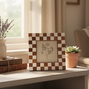 Checkered Photo Frame 5x5, Vintage Square Picture Frame, Wood & White Frame, Modern Farmhouse Decor, Elegant Display Frame, 5x5 Photo Holder