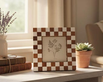 Checkered Photo Frame 5x5, Vintage Square Picture Frame, Wood & White Frame, Modern Farmhouse Decor, Elegant Display Frame, 5x5 Photo Holder