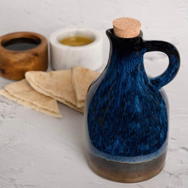 Indigo Blue Ceramic Oil Pitcher with Cork, Handcrafted Olive Oil Bottle, Food Safe Kitchen Decor, Small Vase, Hostess Gift