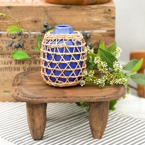 May include: A small, cobalt blue ceramic vase encased in a decorative, light-colored woven rattan lattice. The vase has a rounded body and a narrow neck, featuring a smooth, glossy finish that contrasts with the textured, natural fiber overlay.