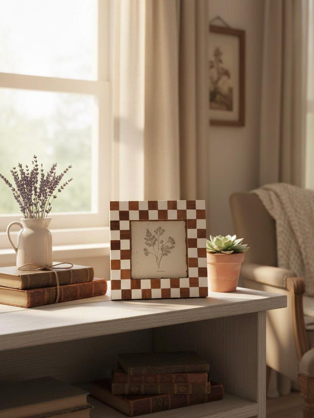 Checkered Photo Frame 5x5, Vintage Square Picture Frame, Wood & White Frame, Modern Farmhouse Decor, Elegant Display Frame, 5x5 Photo Holder