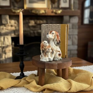Puede incluir: Una figura decorativa de una familia de perros est&aacute; sobre un peque&ntilde;o pedestal de madera. La figura es marr&oacute;n, blanca y canela. Una vela alta de color melocot&oacute;n est&aacute; en un candelabro negro. Un camino de mesa amarillo con ribete de encaje.