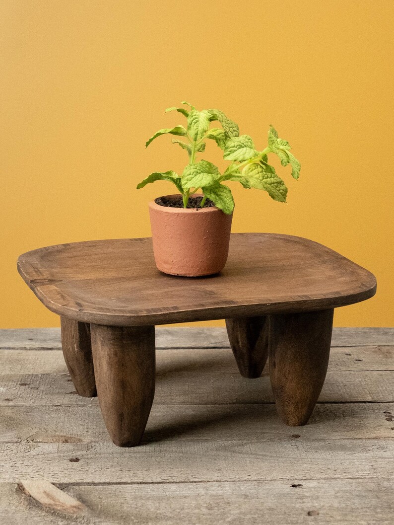 May include: A small, light green leafy plant potted in a terracotta-colored clay container, resting on a low, dark brown wooden stool with four thick, tapered legs and a smooth, rounded square top surface.