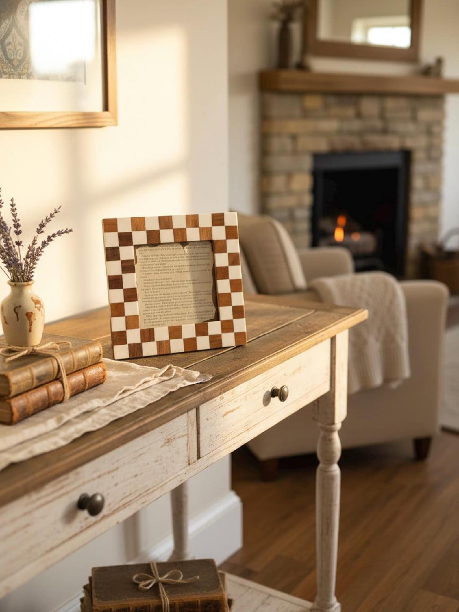 Checkered Photo Frame 5x5, Vintage Square Picture Frame, Wood & White Frame, Modern Farmhouse Decor, Elegant Display Frame, 5x5 Photo Holder
