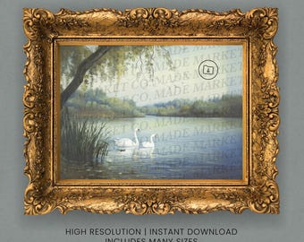 Digitaler Kunstdruck, Schwäne, Vintage Landschaft, Download Bild in 5 Größen, Wall Art, Wasserszene, Vogel, CottageCore, Malerei