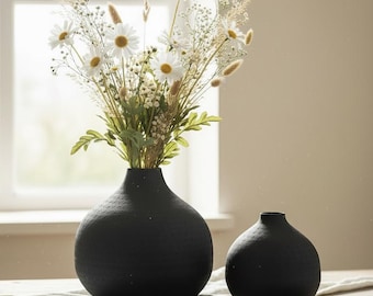 Large Matte Black Textured Vase, Modern Home Decor (9x9x9)