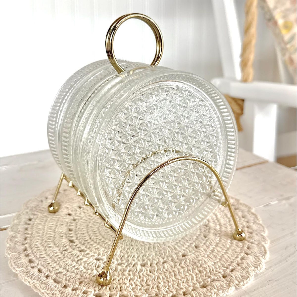 Glass Coasters in Metal Caddy Set, Mid-century Modern Coasters, Glass Coasters With Gold Caddy, Decorative Coaster Set, Vintage Coasters - Etsy
