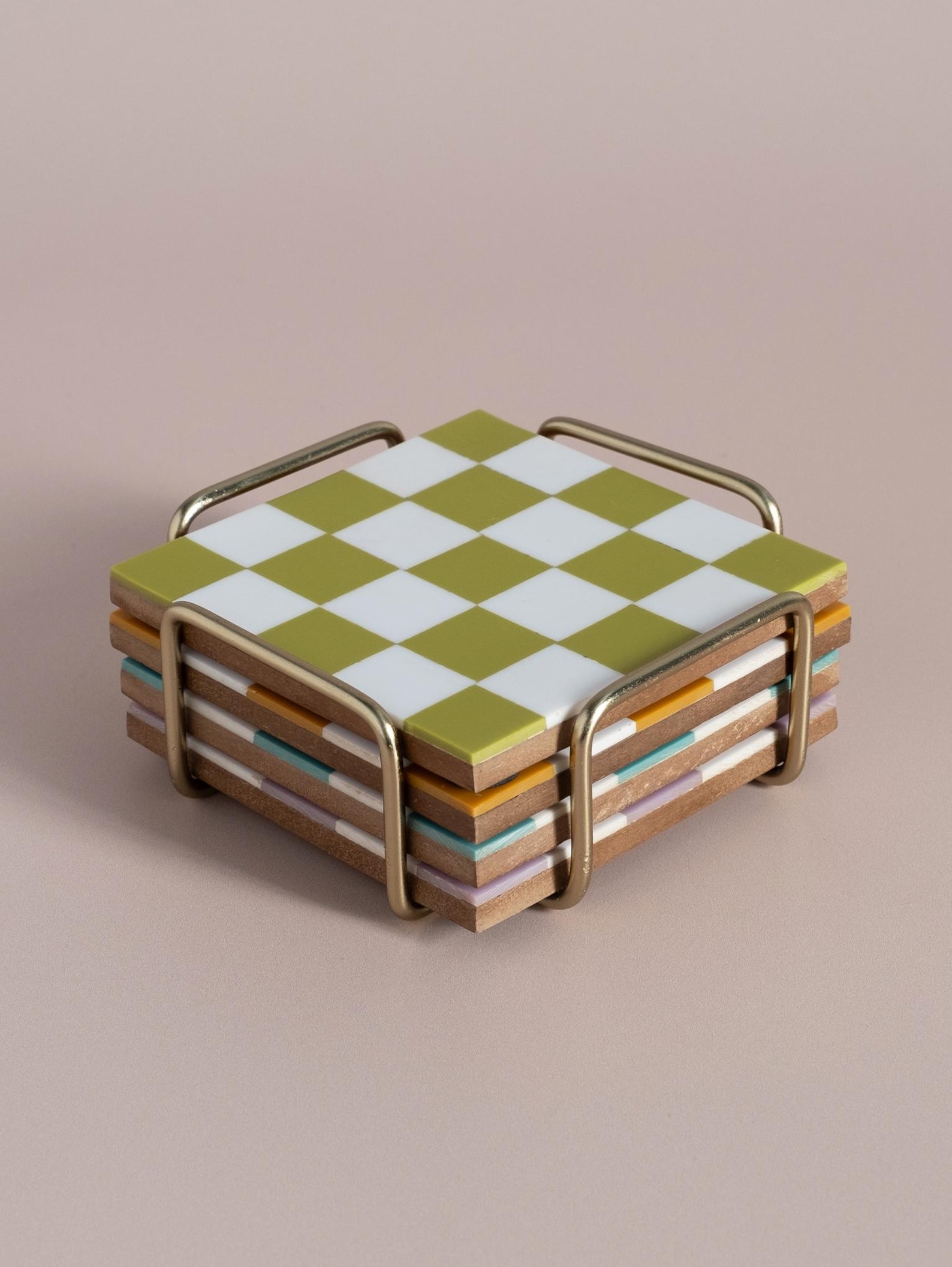 Checkered Coasters Set with Gold Holder | Colorful Checkerboard Drink Coasters | Retro Vintage Modern Coasters | Eclectic MidCentury Modern