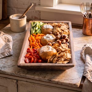 May include: A rectangular wooden dough bowl filled with three round bread bowls containing creamy dip, surrounded by sliced cucumbers, baby carrots, halved cherry tomatoes, small pretzel bites, and crispy flatbread crackers arranged in sections.