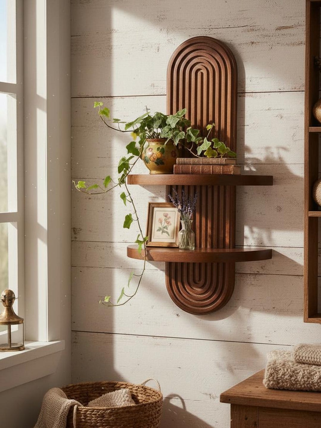 Arched Wood Wall Shelf, Mid-Century Modern Wall Shelf, Wooden Wall Shelf with Curved Shelves, Home Decor for Entryway, Bedroom, or Kitchen