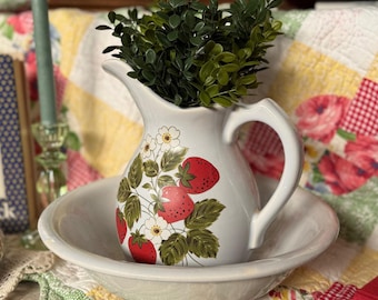 Vintage McCoy Strawberry Large Pitcher & Bowl, Drinkware, Home Decor Vase, Cottagecore Aesthetic