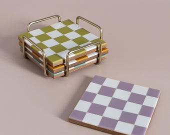 Checkered Coasters Set with Gold Holder | Colorful Checkerboard Drink Coasters | Retro Vintage Modern Coasters | Eclectic MidCentury Modern