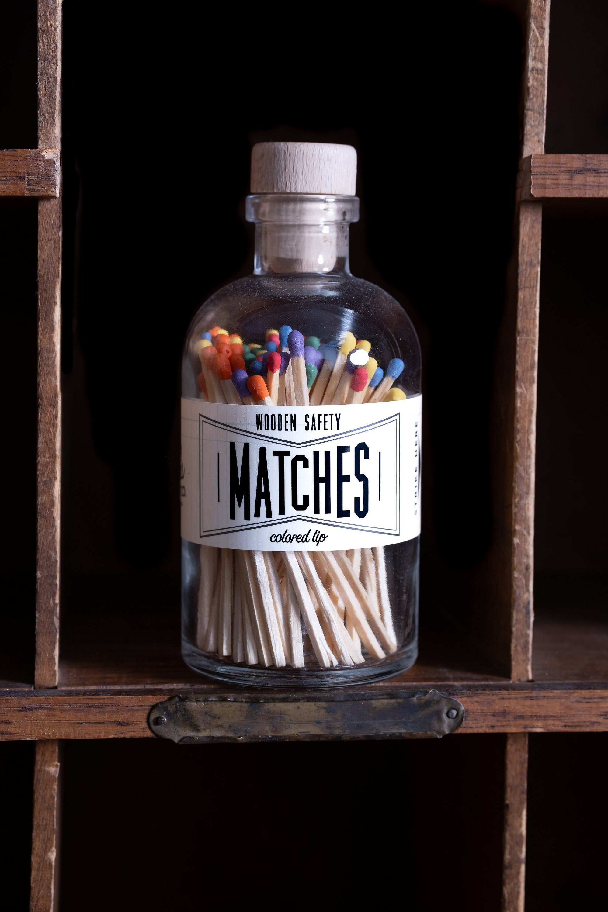 Vintage Apothecary Matches, Rainbow Tip, Decorative Glass Jar With Striker