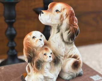 Vintage Hand Painted Ceramic Dog Figurine, Primitive Country Cottage Decor, Rustic Farmhouse Accent, Ralph Lauren Style, Cocker Spaniels
