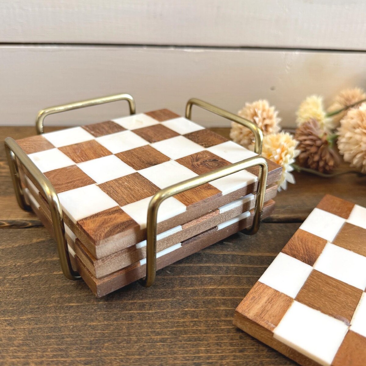 Checkered Wood Coasters Set