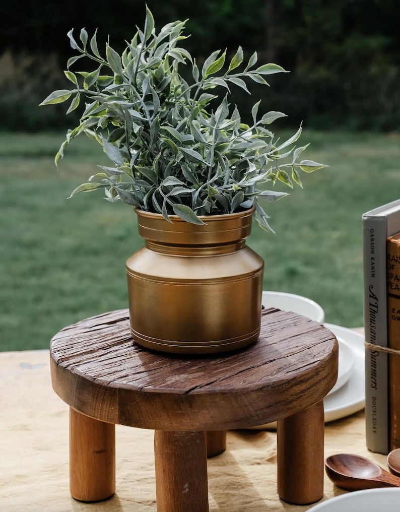 Puede incluir: Un jarr&oacute;n de metal dorado con una planta verde y frondosa, colocado sobre un peque&ntilde;o taburete redondo de madera con tres patas. El taburete tiene un aspecto r&uacute;stico y desgastado. El fondo est&aacute; borroso, sugiriendo un entorno al aire libre. El jarr&oacute;n mide unos 15 cm de alto.