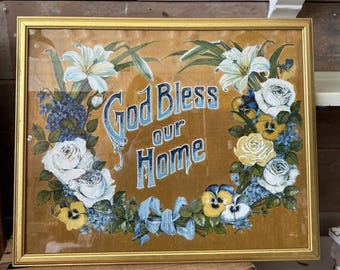 God Bless Our Home Vintage Framed Wall Art, Blue & Gold,  Hand-painted 1938, Wall Decor, Floral, Cottagecore Aesthetic
