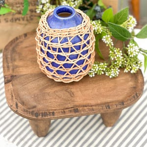 May include: A small, cobalt blue ceramic vase with a narrow neck, encased in a decorative, light-colored woven rattan lattice overlay. The vase features a smooth, glossy glaze finish and sits upright, showcasing a rounded, bulbous body shape.