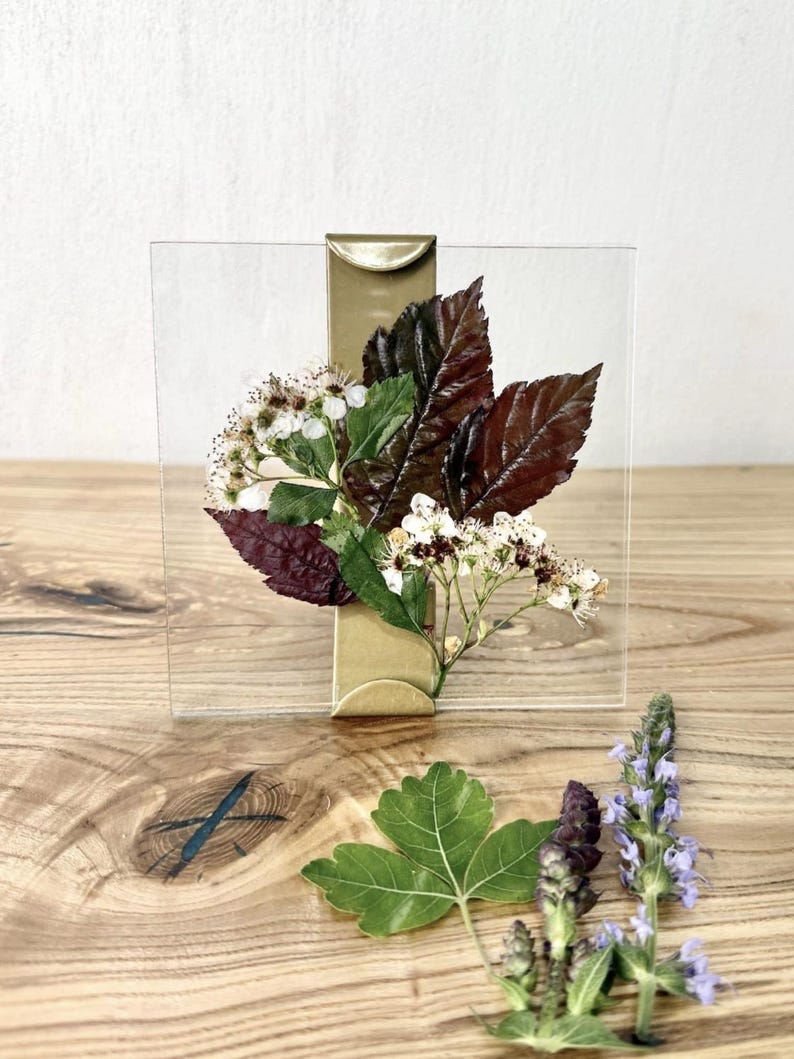 Op de afbeelding: Een heldere acryl fotolijst met een goudkleurige metalen clip, met een display van gedroogde bloemen en bladeren. De opstelling bevat donkerrode bladeren, groene bladeren en witte bloemen. Extra losse bladeren en bloemen liggen op het houten oppervlak.
