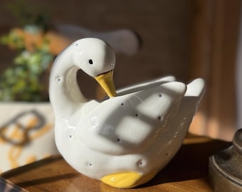 Vintage Swan Planter Ceramic Goose Decor Russ Berrie White Purple Polka Dot Cottagecore Kitsch Collectible