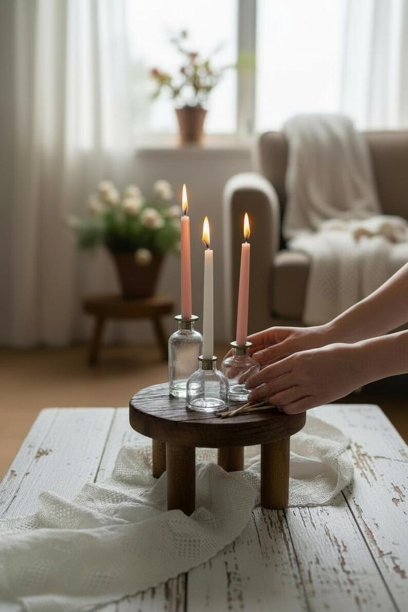 Puede incluir: Tres velas encendidas en portavelas de vidrio sobre una peque&ntilde;a mesa de madera. Dos velas son rosas, una es blanca. La mesa est&aacute; sobre una superficie blanca y desgastada. Unas manos est&aacute;n cerca de las velas.