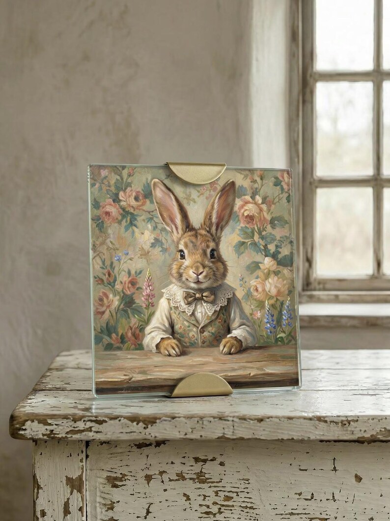 Op de afbeelding: Een ingelijste print met een keurige konijn in een vest en vlinderdas, tegen een bloemenachtergrond. Het kunstwerk wordt weergegeven in een heldere glazen lijst met messingkleurige houders, rustend op een verweerd wit houten oppervlak.