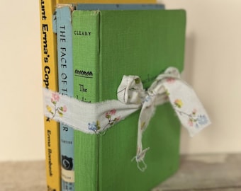 Decorative Vintage Book Set of 3 -  Green Blue Yellow, Tabletop Decor, Cottagecore Country Charming Collected