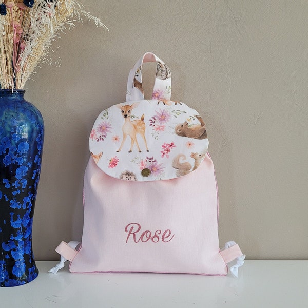 Sac à dos enfant ou bébé rose en toile et coton imprimé biche avec prénom