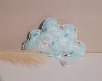 Coussin veilleuse nuage en coton imprimé renard vert d'eau et polaire tout doux blanc