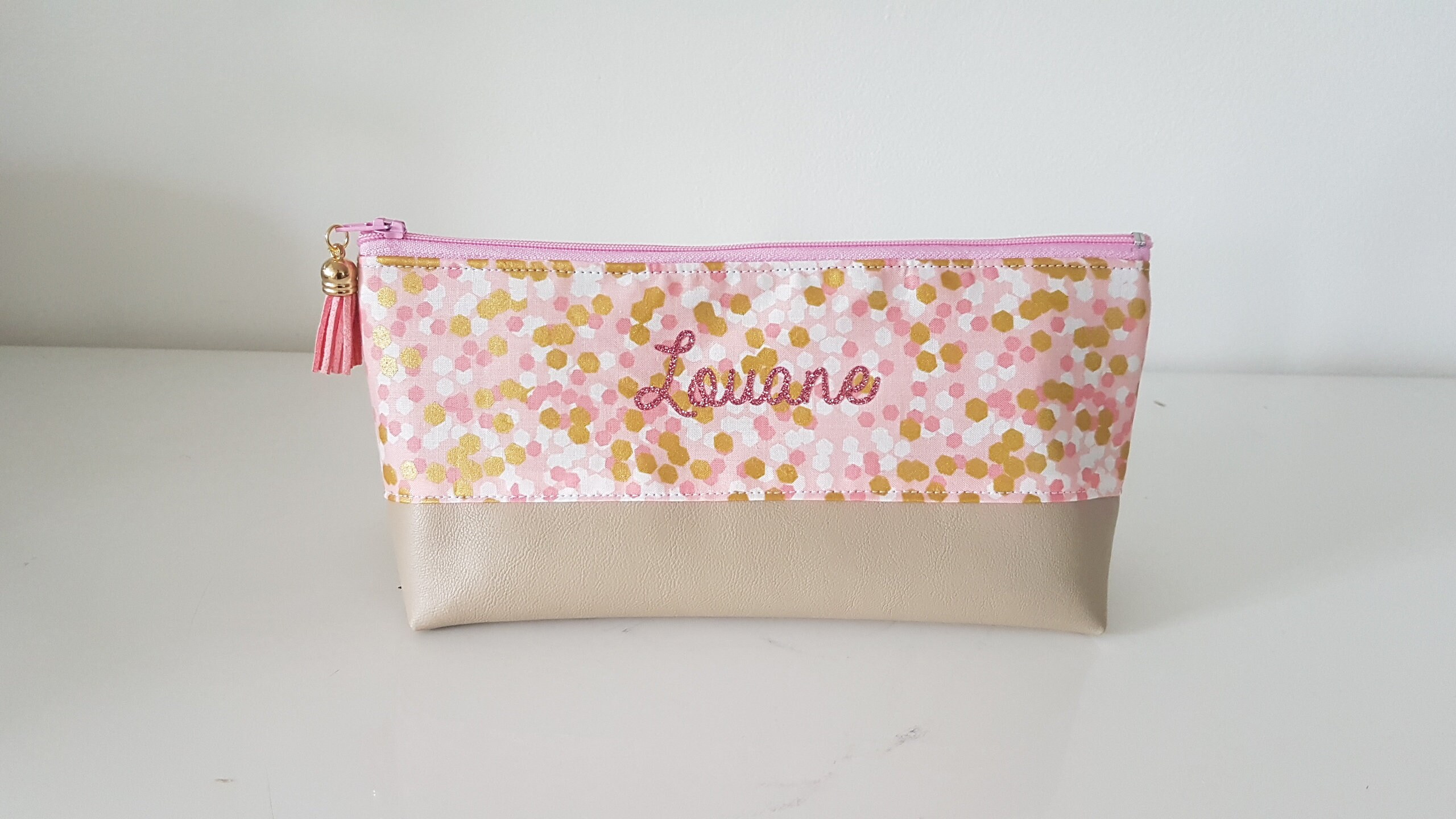 Trousse École, Rose, et Or, Simili Cuir, Personnalisation Prénom