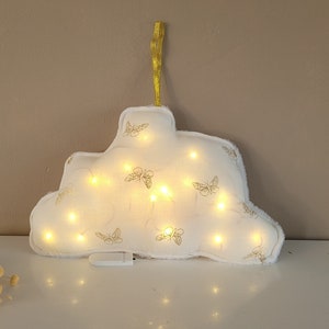 Cloud night light cushion in double white gauze with golden butterflies and fleece all soft white
