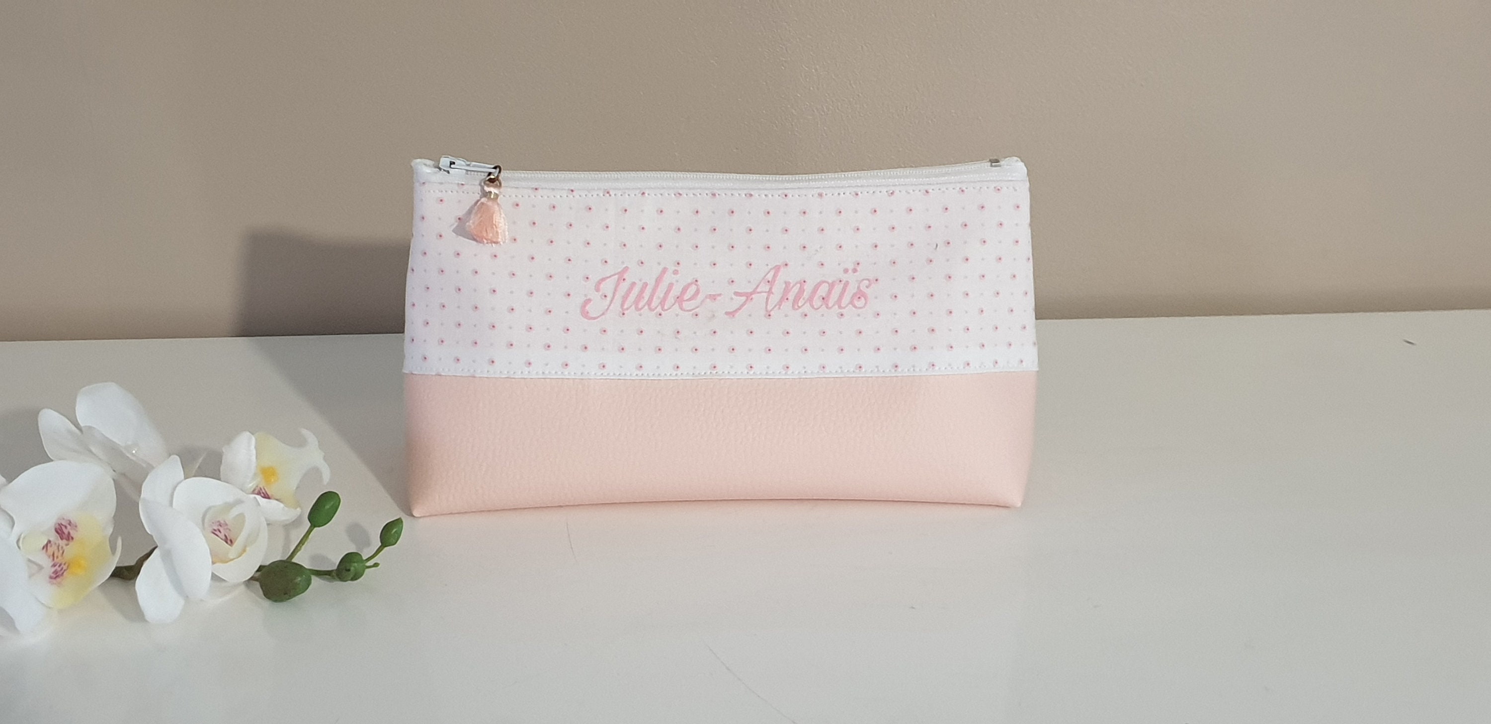 Trousse École Rose en Simili Cuir et Coton Personnalisée avec Le Prénom