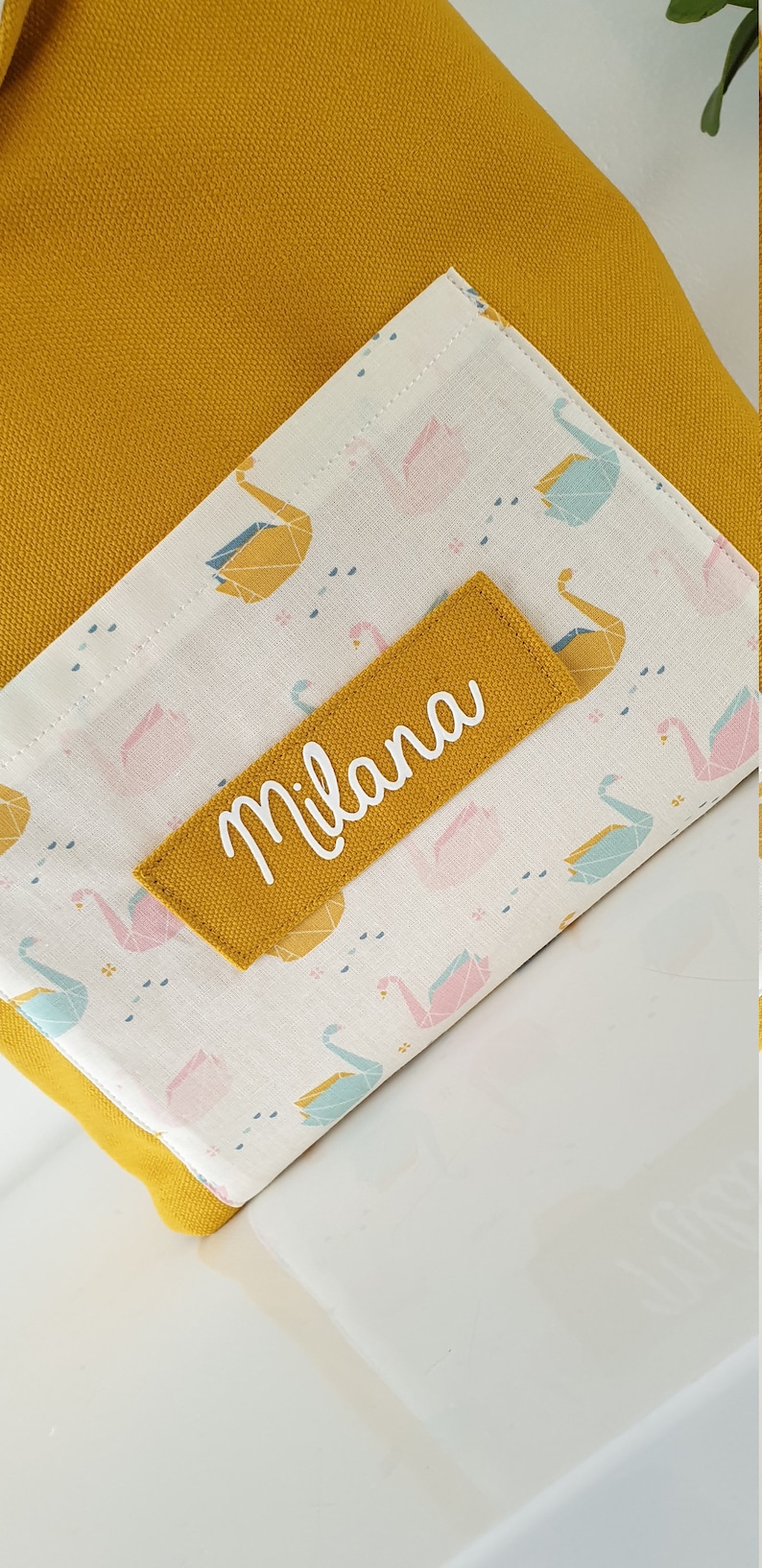 mustard and pink baby backpack with first name Child backpack