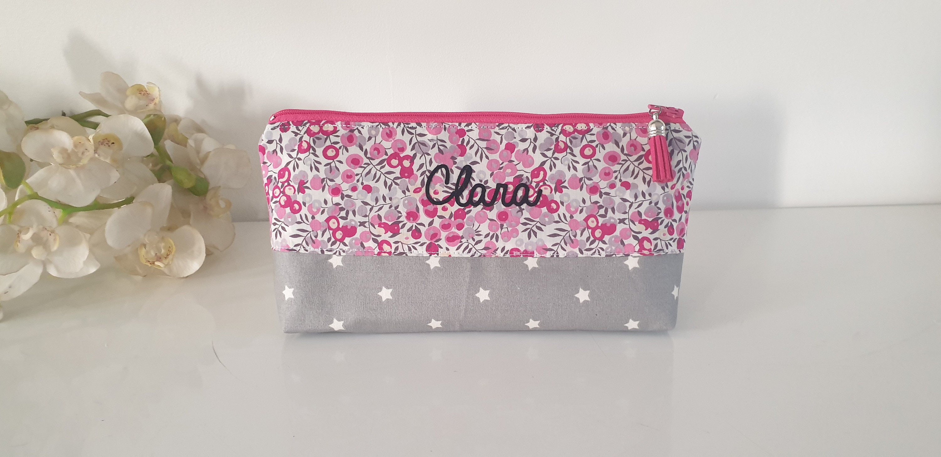 Trousse École Gris et Fuschia en Liberty avec Le Prénom