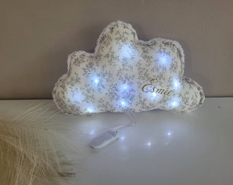 Coussin veilleuse nuage double gaze fleuri beige et polaire tout doux blanc avec prénom