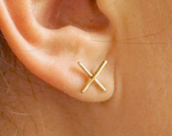 14k Gold 11mm X Stud Earring Solid Sterling Silver Gold Filled Rose Gold Filled Earrings X Bar earrings bar jewelry minimalist alphabet 028