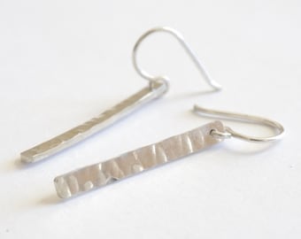 Hammered Sterling Silver Bar Dangle Earrings – Minimalist Drop Earrings in Matte or Polished Finish 055