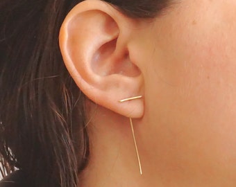 14k Gold 11mm Staple Threader Earring Solid Sterling Silver Gold Filled Rose Gold Filled Earrings T Bar earrings bar jewelry minimalist 016