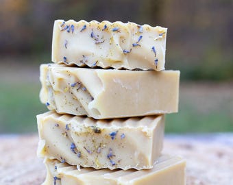 May include: A vertical stack of four rectangular bars of beige soap. Each bar features a smooth, creamy texture with visible dried blue lavender buds and small botanical particles embedded throughout the surface of the soap blocks.
