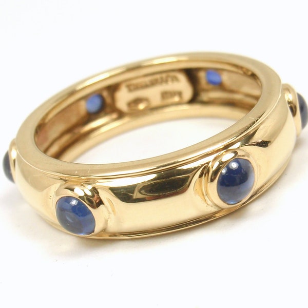 Vintage Tiffany &Co 18K Oro Cabujón Azul Zafiro Eternidad Banda Anillo ITALIA Sz 5.5