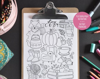 Inspiring coloring page - Stay Cozy - Autumn - Pumpkin - Warm - Coloring illustration - Tea - Apples