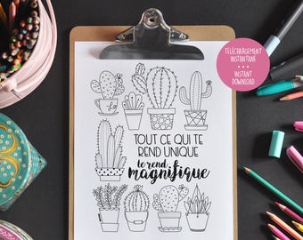 Everything that makes you unique makes you beautiful - Cactus - Coloring - Inspirational quote - Coloring to frame - Relaxation coloring
