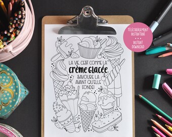 Inspirational coloring - Ice cream - Popsicle - Cone - Inspirational phrase - Coloring to frame - Relaxation coloring